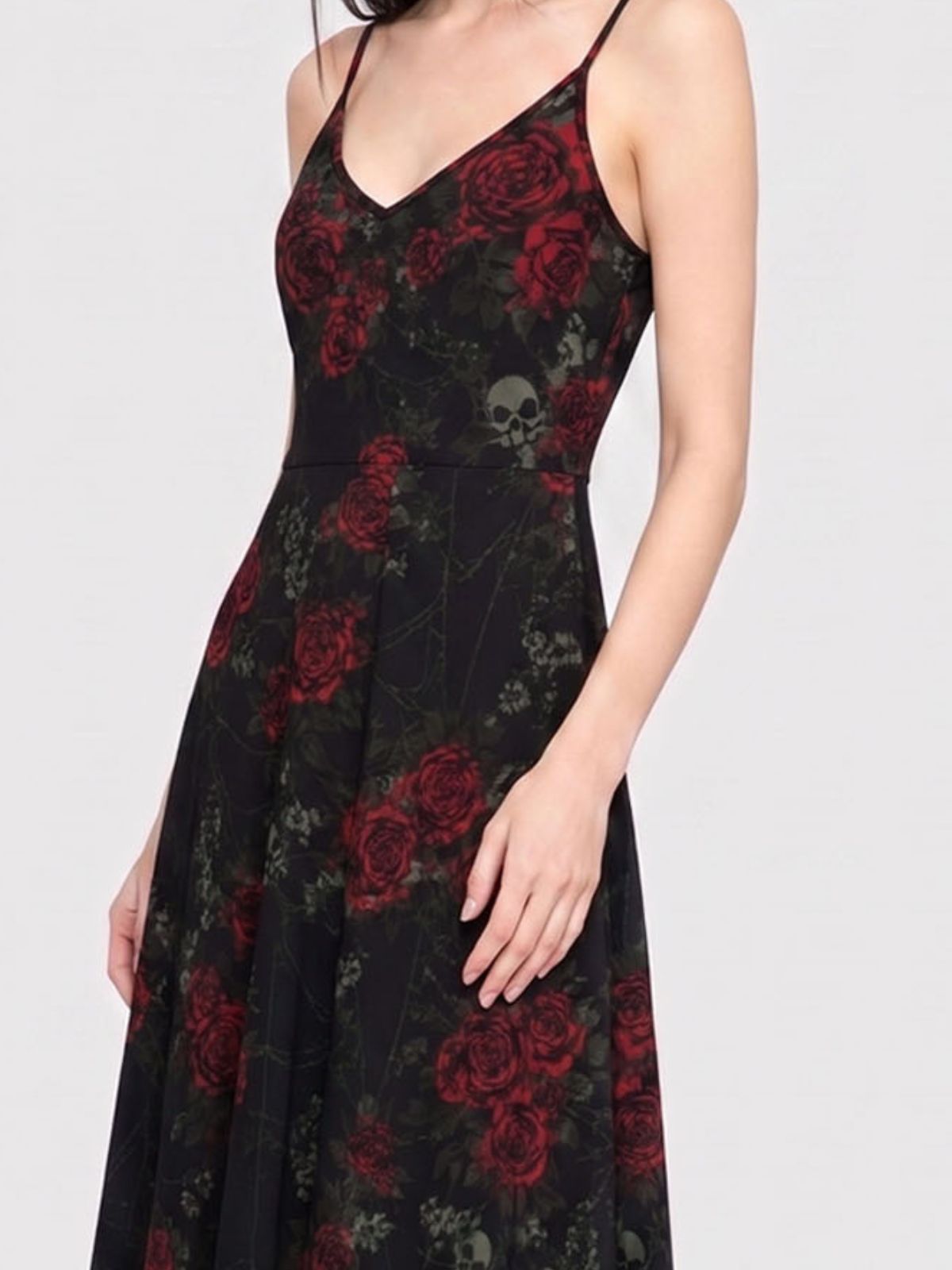 Trendy Retro Red Rose Skull Print Maxi Dress