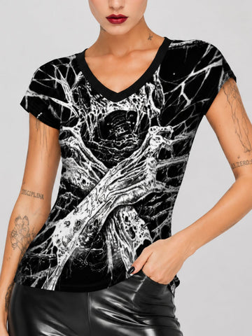 Gothic Skull Visual Art Print V-Neck T-Shirt