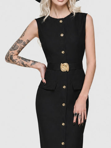 Fashion Trendy Belted Sexy Sleeveless Dress