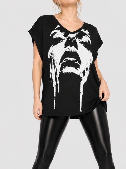 Dark Sad Tearful Face V-Neck Short-Sleeve Top