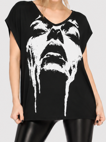 Dark Sad Tearful Face V-Neck Short-Sleeve Top