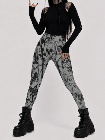 Gothic Skull Art Print Polyester Leggings