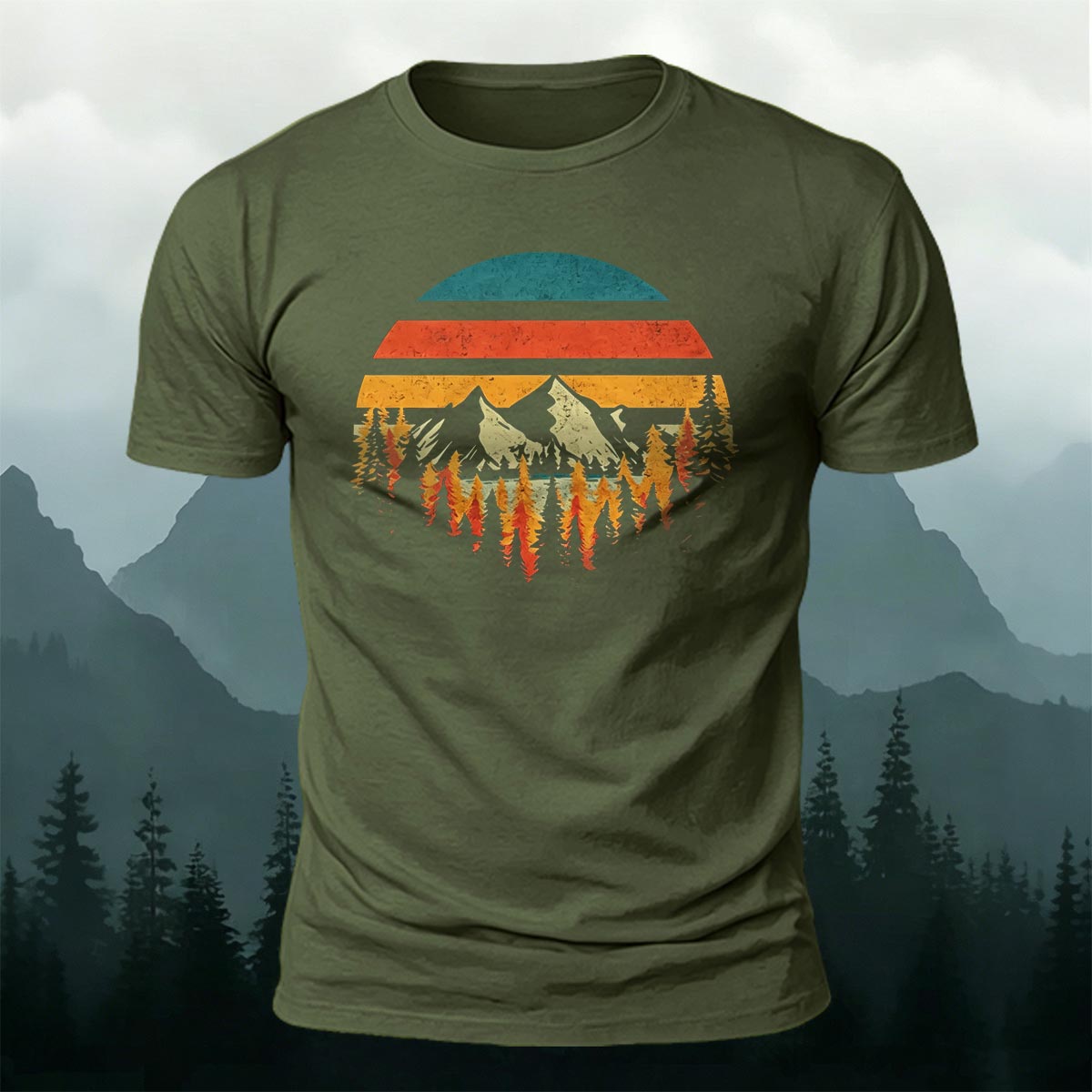 Mountain Landscape Pattern Retro Trend Cotton T-Shirt