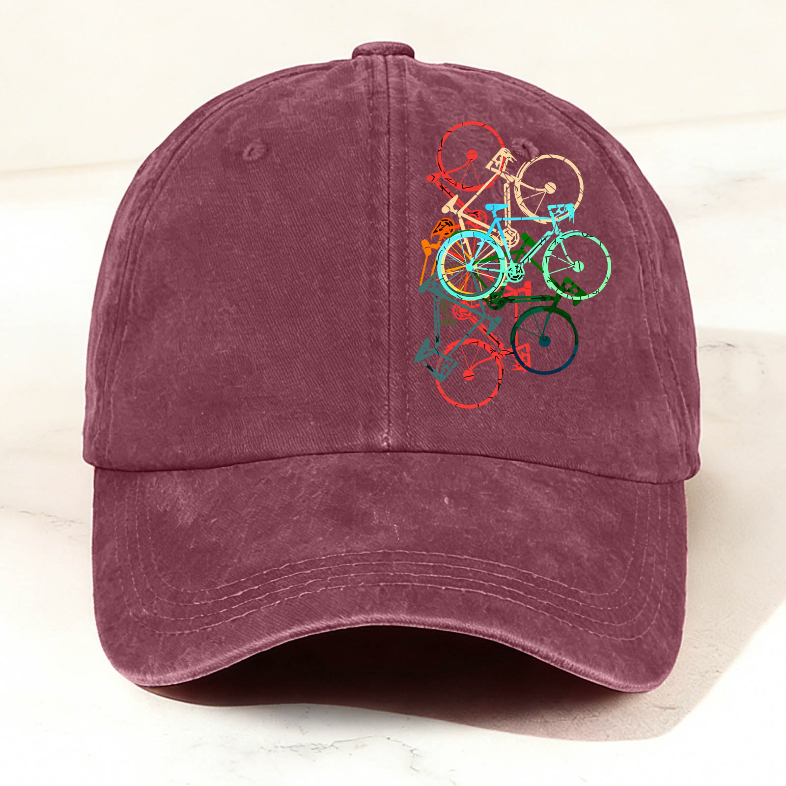 Colorful Bicycle-Printed Washed Baseball Cap