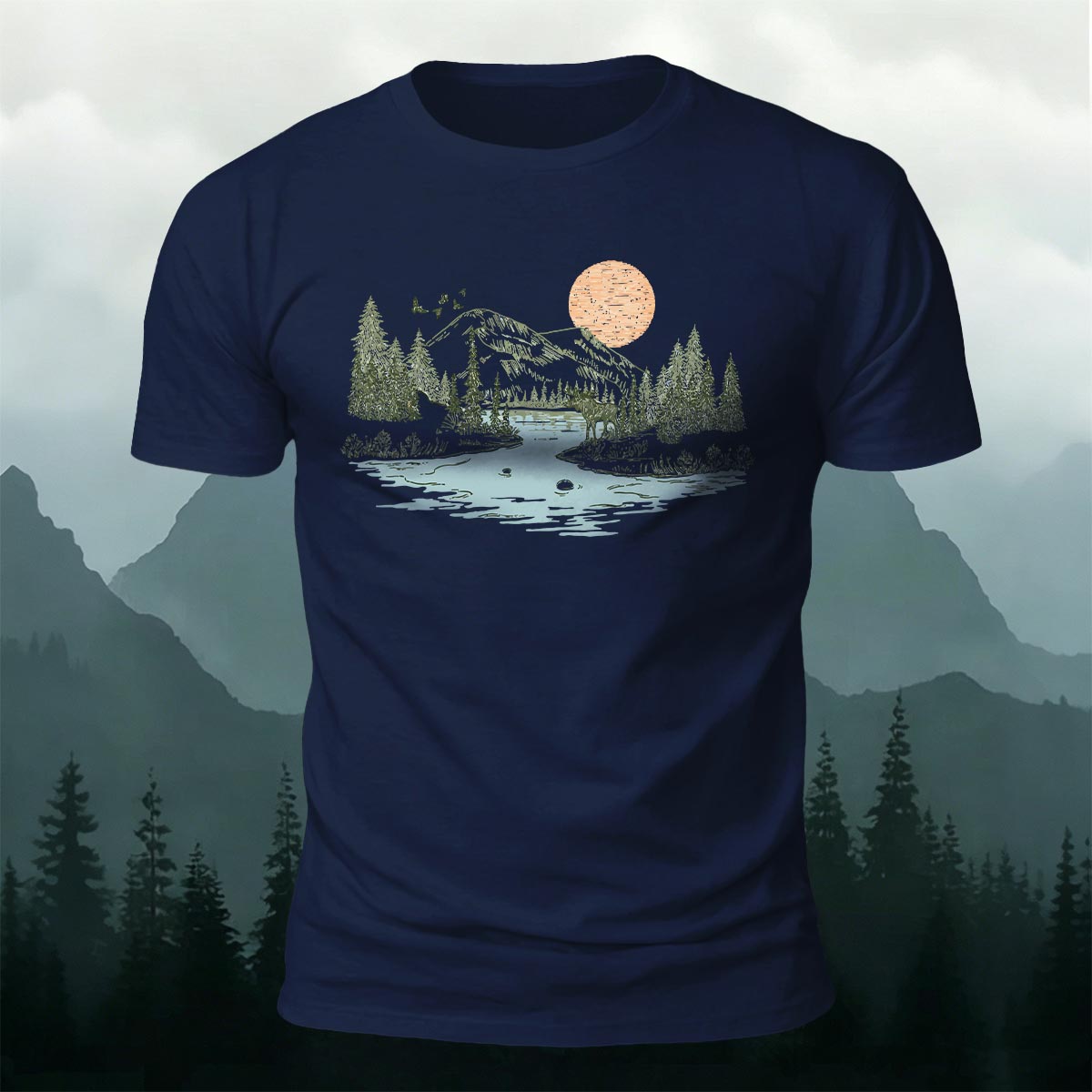 Sunrise Mountain Scenery Illustration Print Casual Cotton T-Shirt