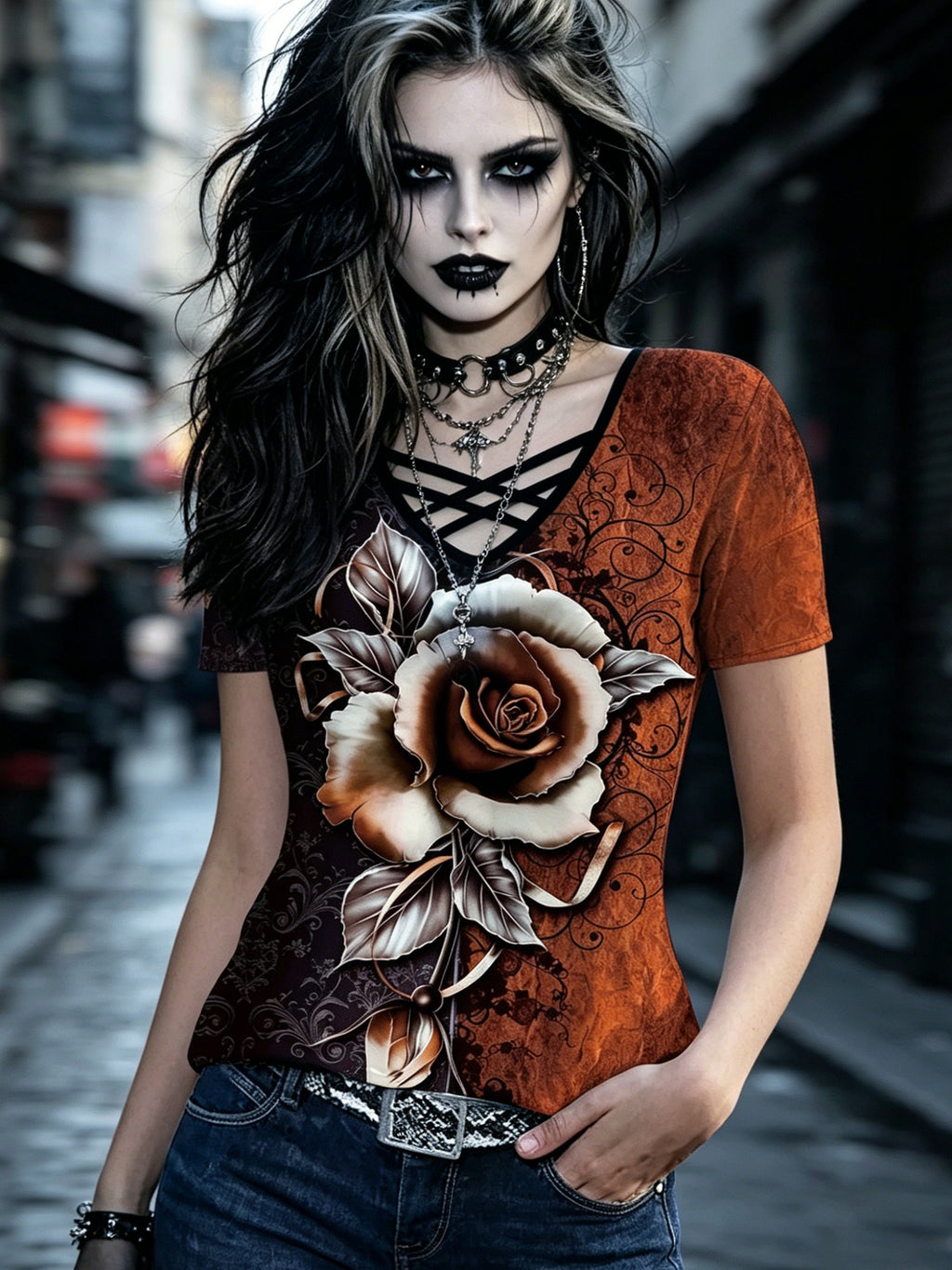 Two-Tone Cross-Over V-Neck Striped Casual Short-Sleeve T-Shirt