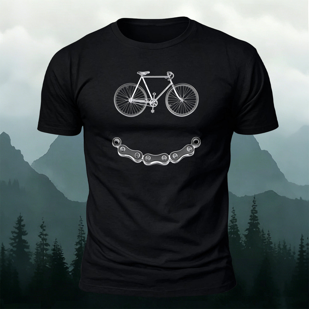 Bicycle-Motif Smile Print Outdoor Cotton T-Shirt