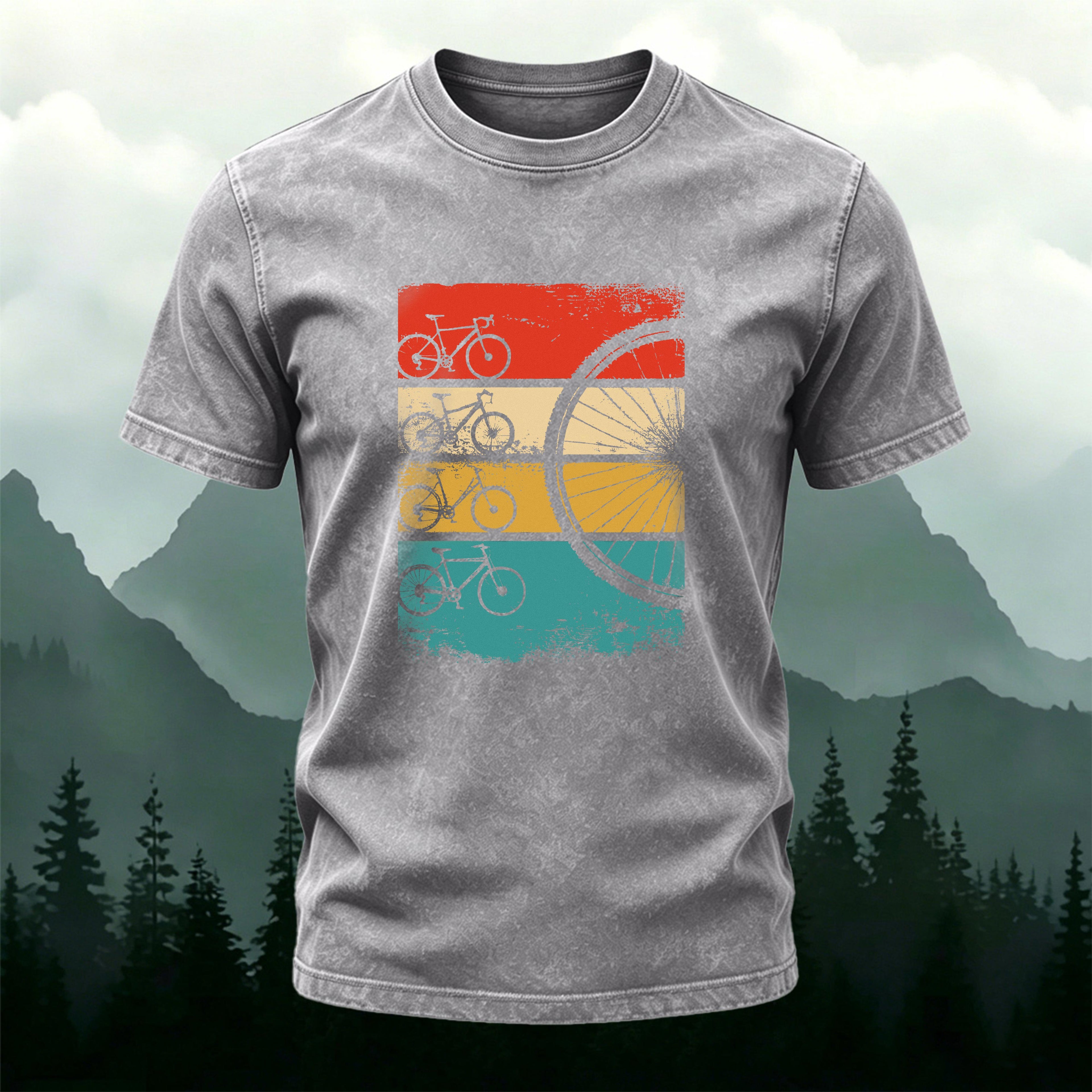 Cycling-themed Colorful Bicycle Print Washed Cotton T-Shirt