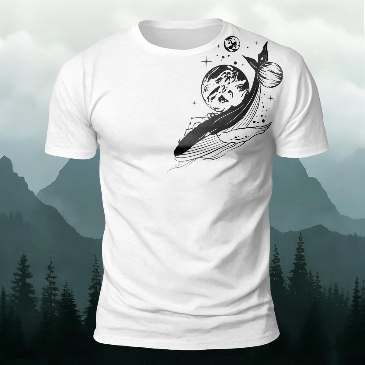 Whale and Space Print Casual Cotton T-Shirt White
