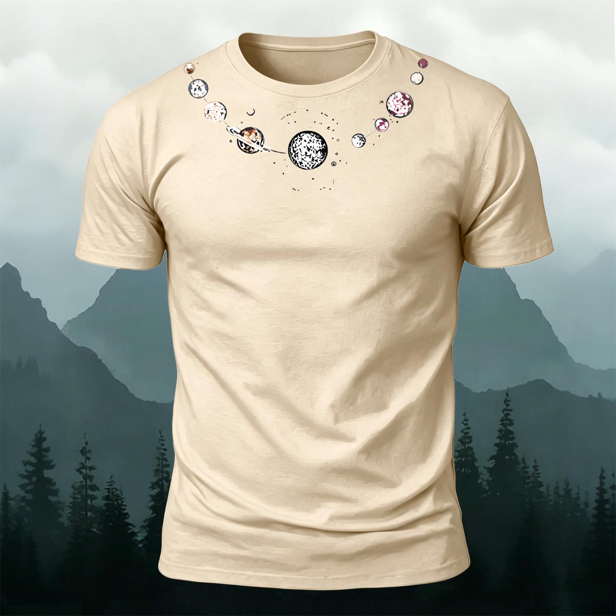 Fashionable Planet-Print Casual Cotton T-Shirt Beige