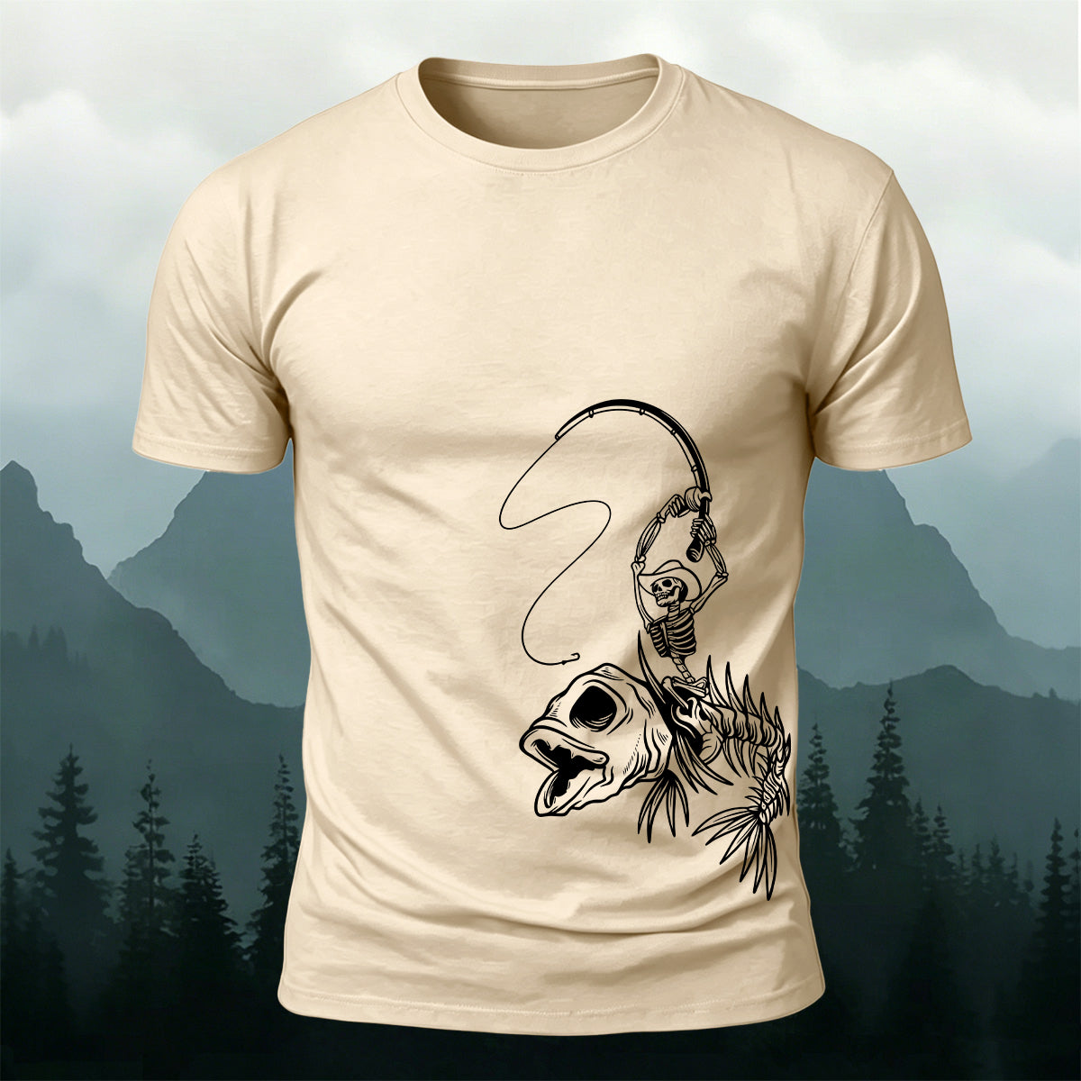 Fishbone Fishing Series Printed Round-Neck Cotton T-Shirt