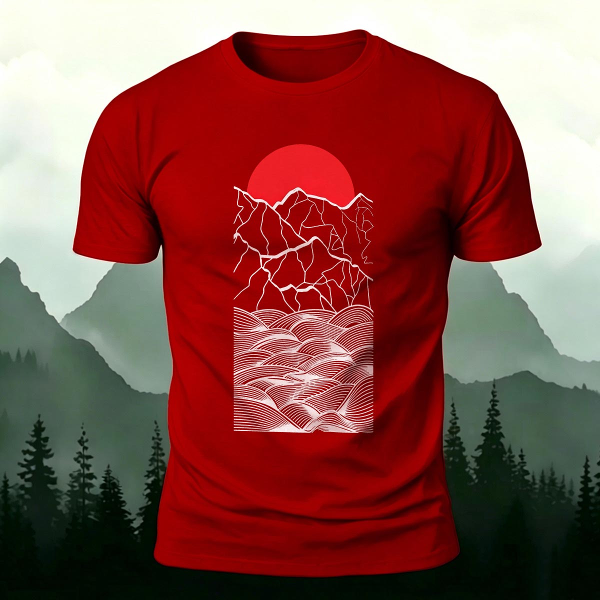 Forest Sunset Mountain Print Casual Cotton T-Shirt