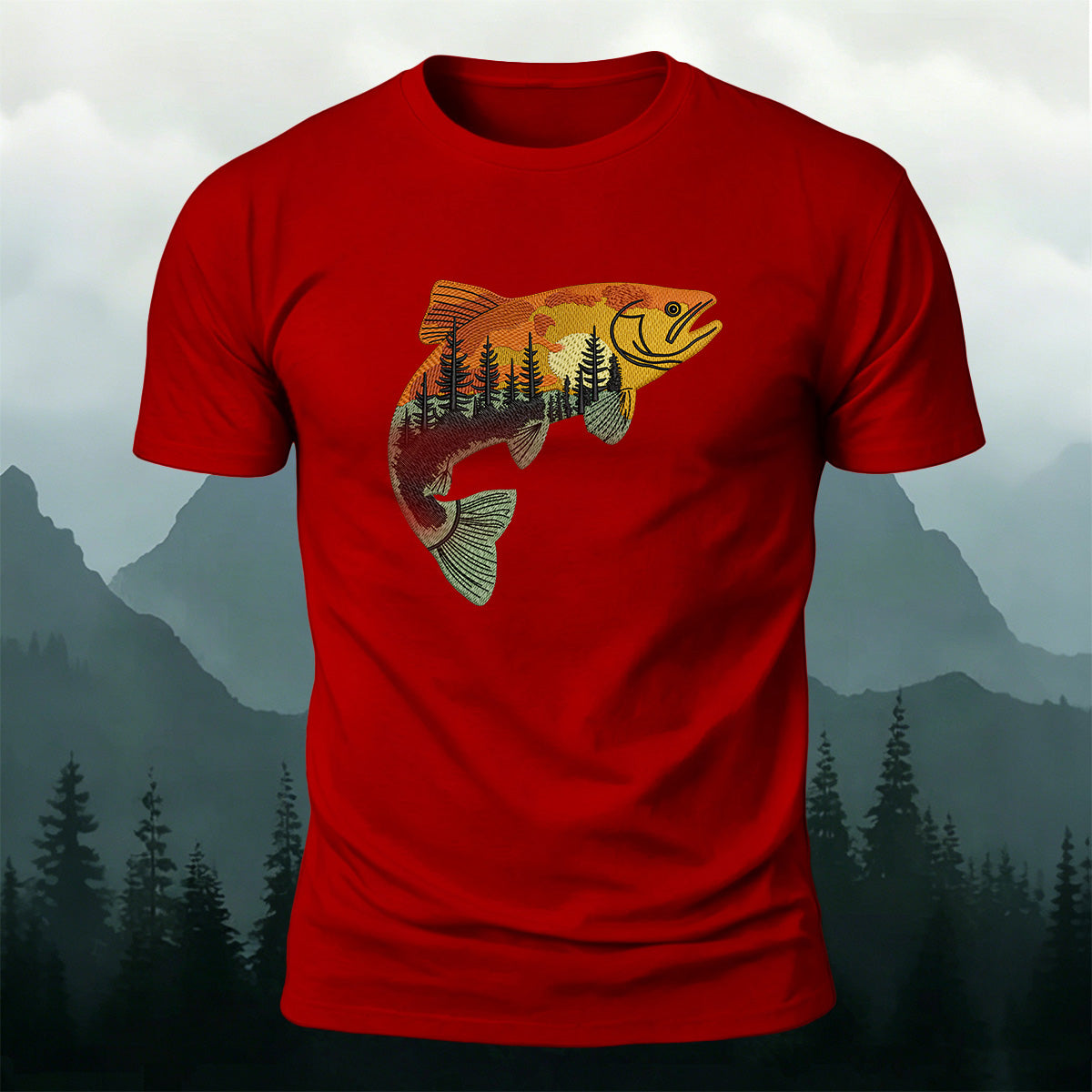 Forest Fish Illustrated Embroidered 100% Cotton Tee