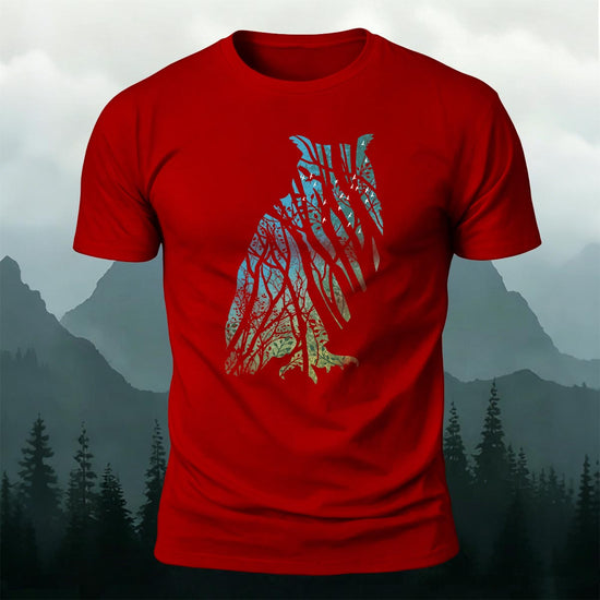 Tech Owl Art Print Casual Cotton T-Shirt Red