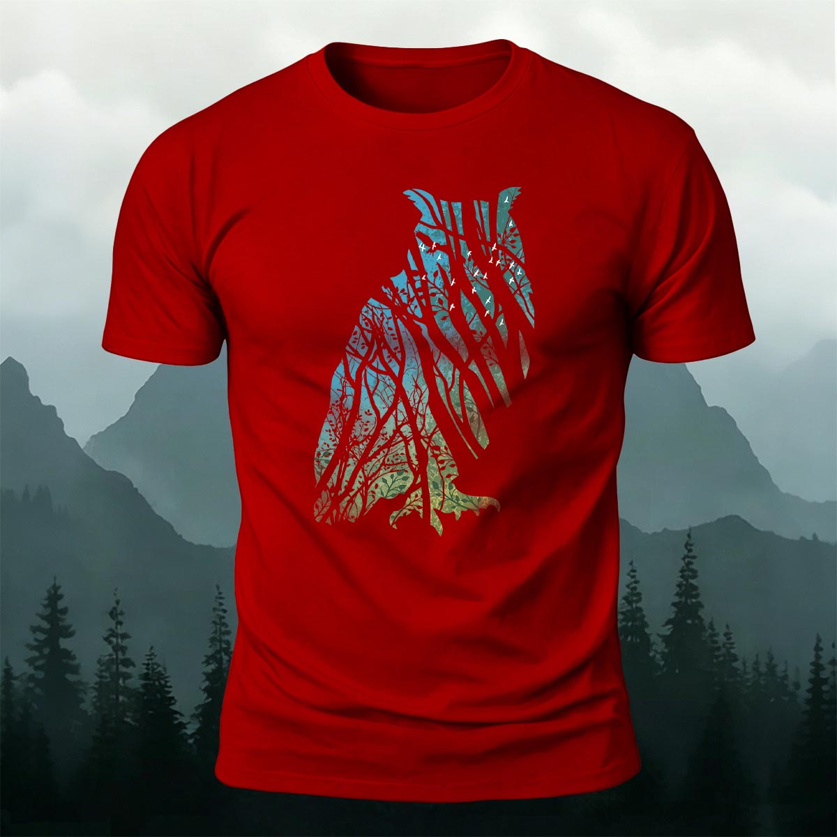Tech Owl Art Print Casual Cotton T-Shirt Red