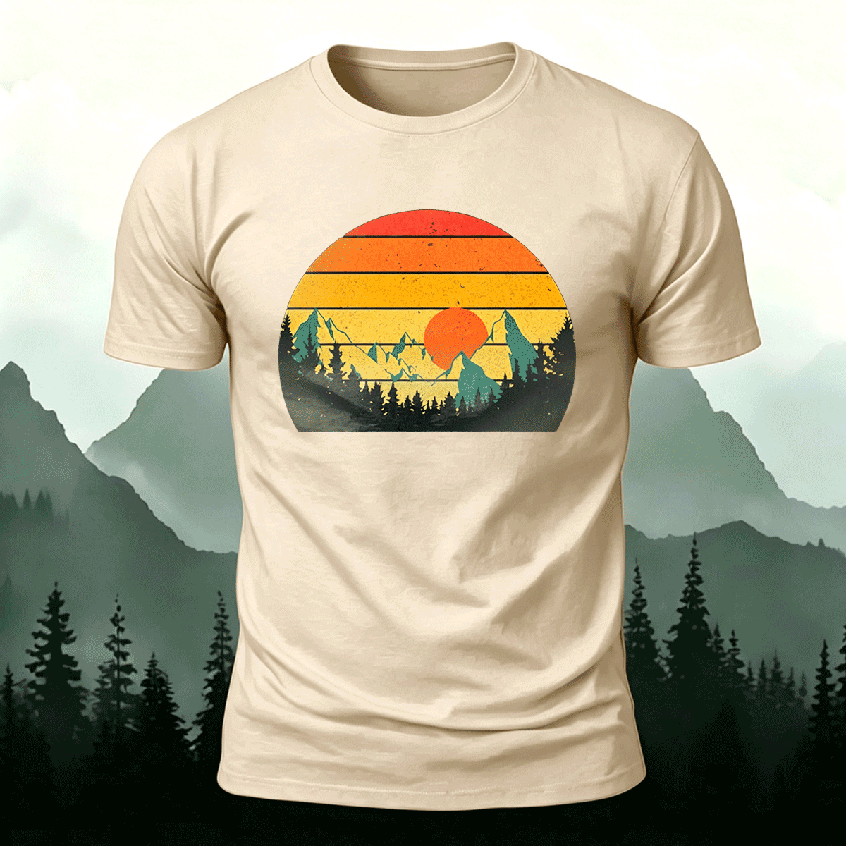Sunset Scenery Print Vintage Skin-friendly T-Shirt Beige