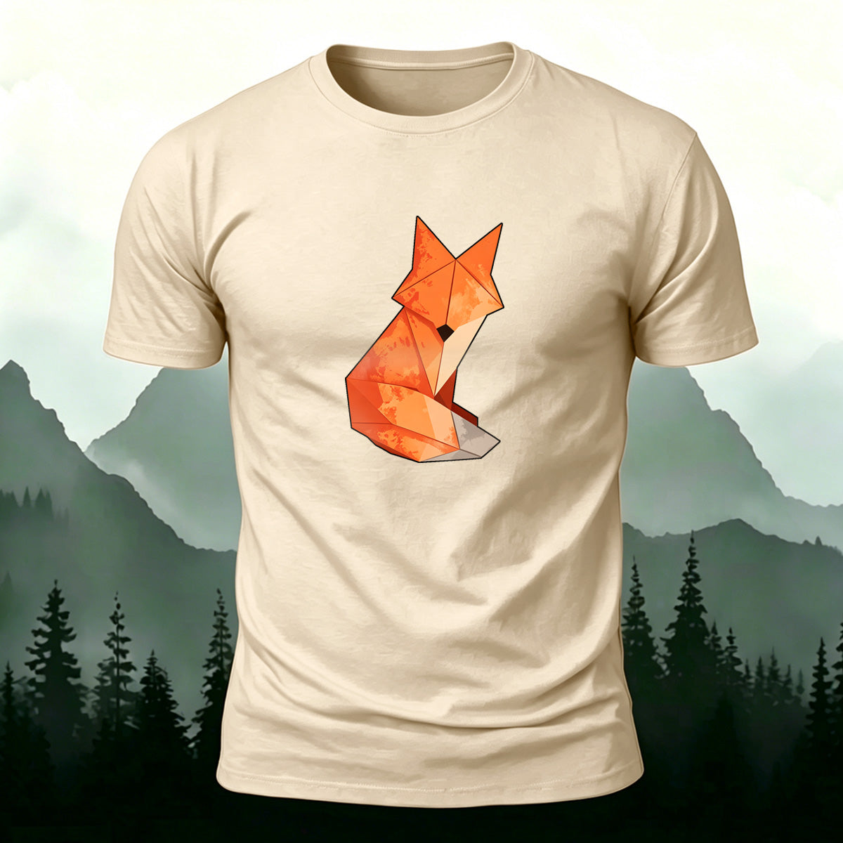 Origami Fox Print Premium Cotton Casual T-Shirt Beige
