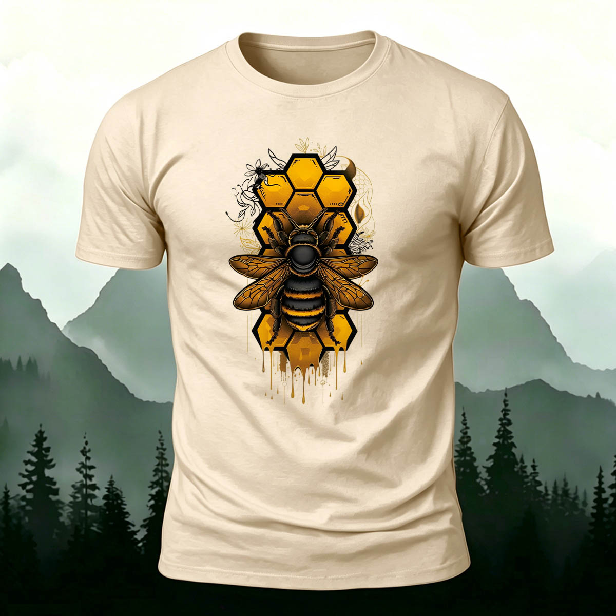 Bee Print Casual Natural 100% Cotton T-Shirt
