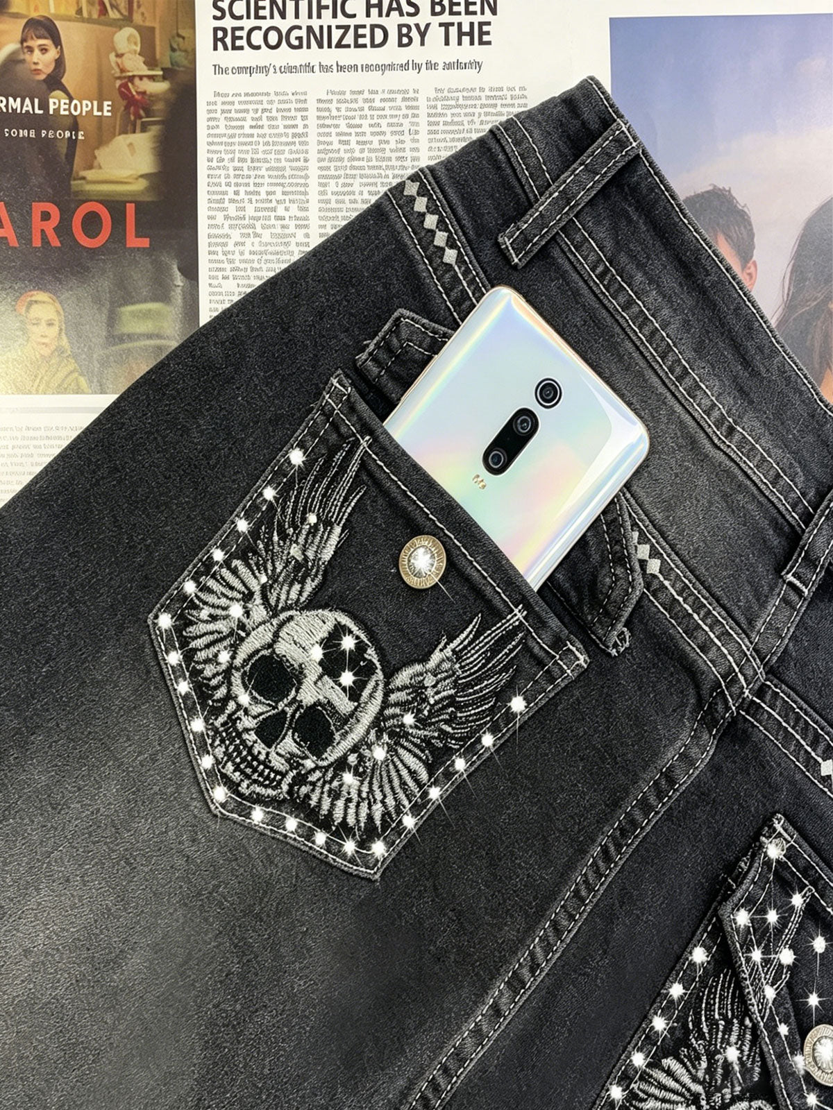 Street Style Rhinestone Fit Skull Denim Long Pants