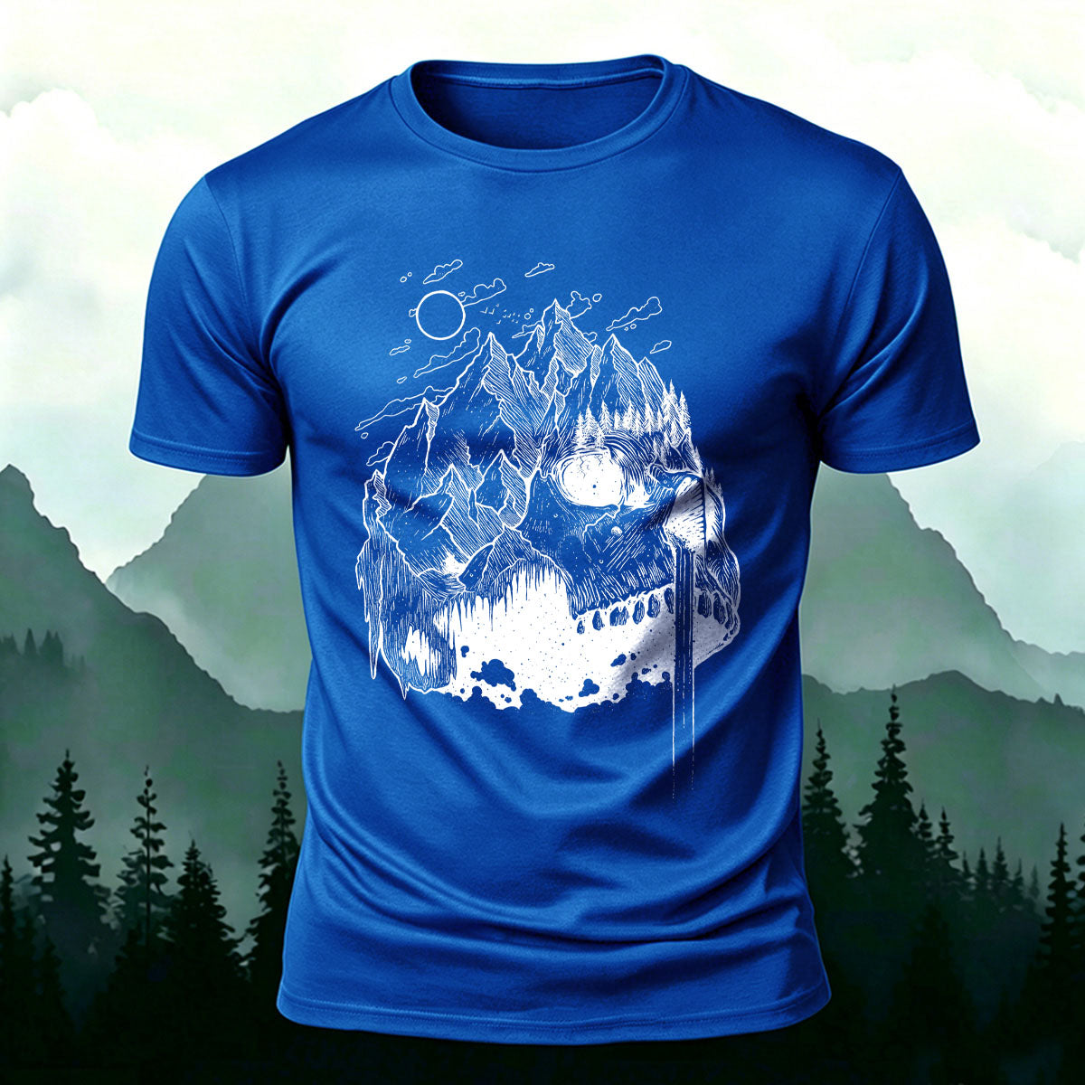 Creative Mountain-Shaped Skull Skin-Friendly T-Shirt Blue