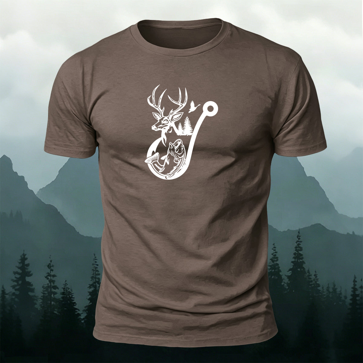 Deer Head Silhouette Print  Round-Neck Cotton T-Shirt