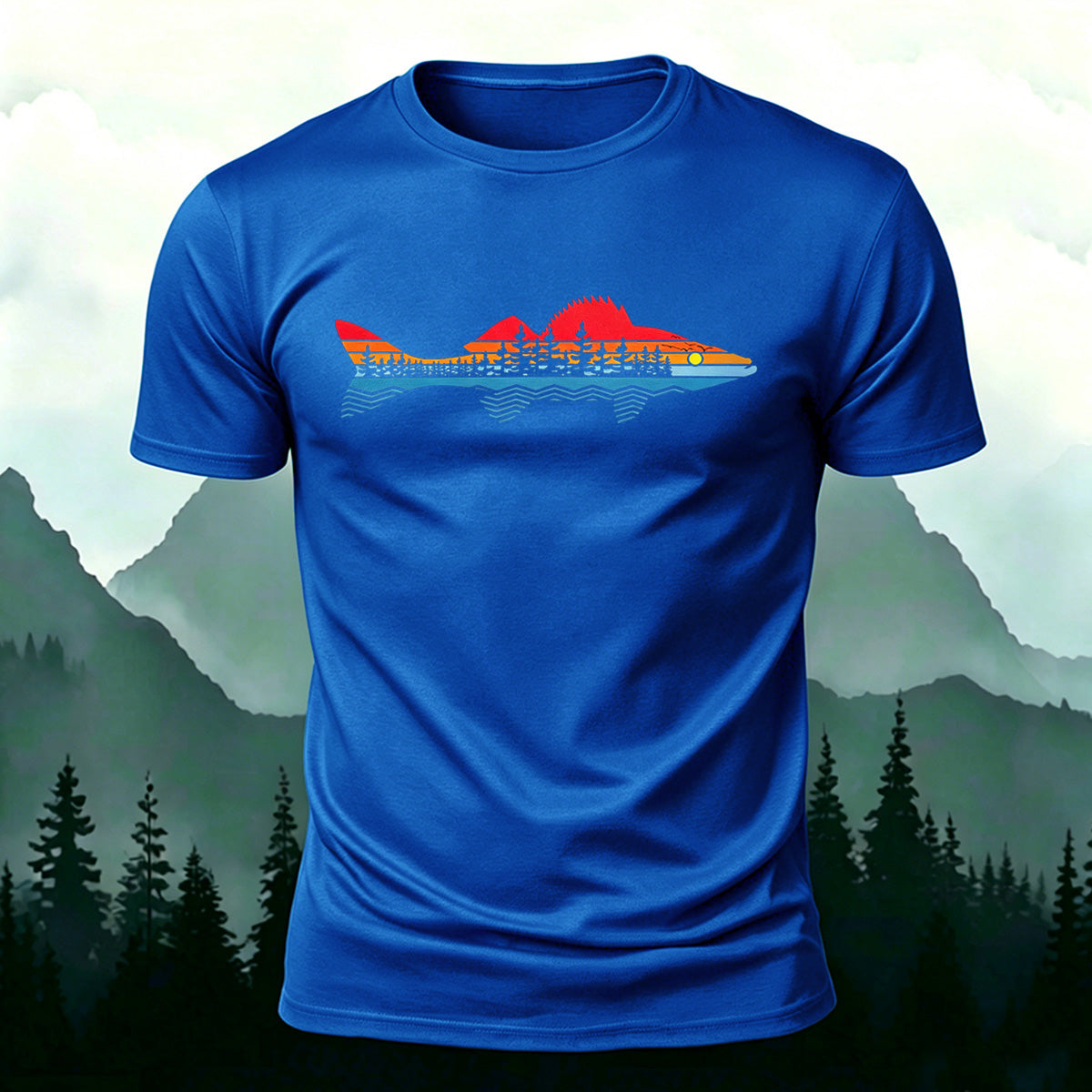 Morning Fishing Background Print Combed Cotton T-Shirt