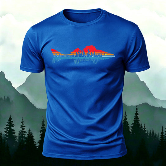 Morning Fishing Background Print Combed Cotton T-Shirt