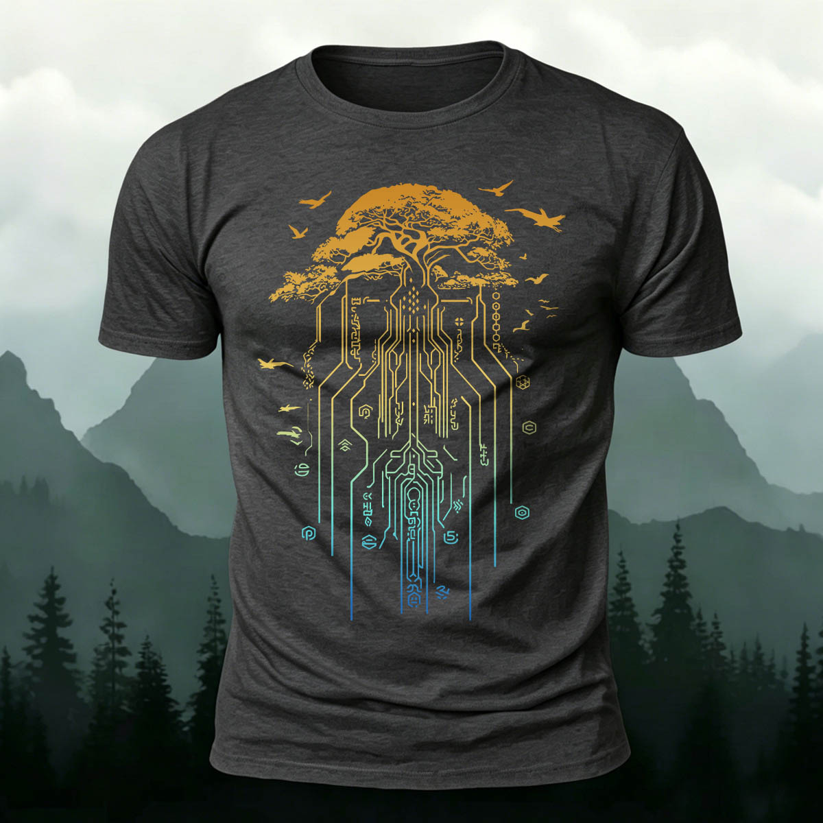 Line Tree Root Casual Skin-Friendly T-Shirt