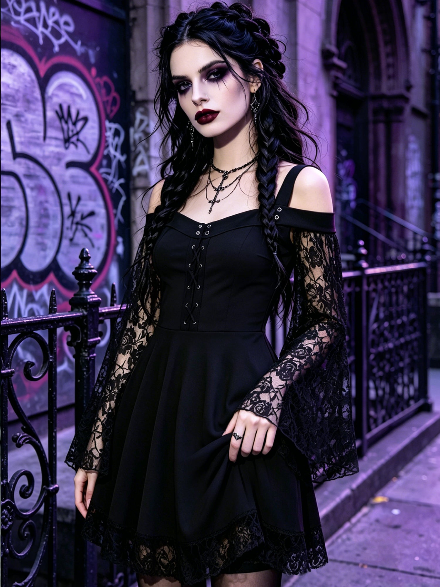 Mock Neck Bell-Sleeve Lace-Paneled Boho-Chic Retro Dress
