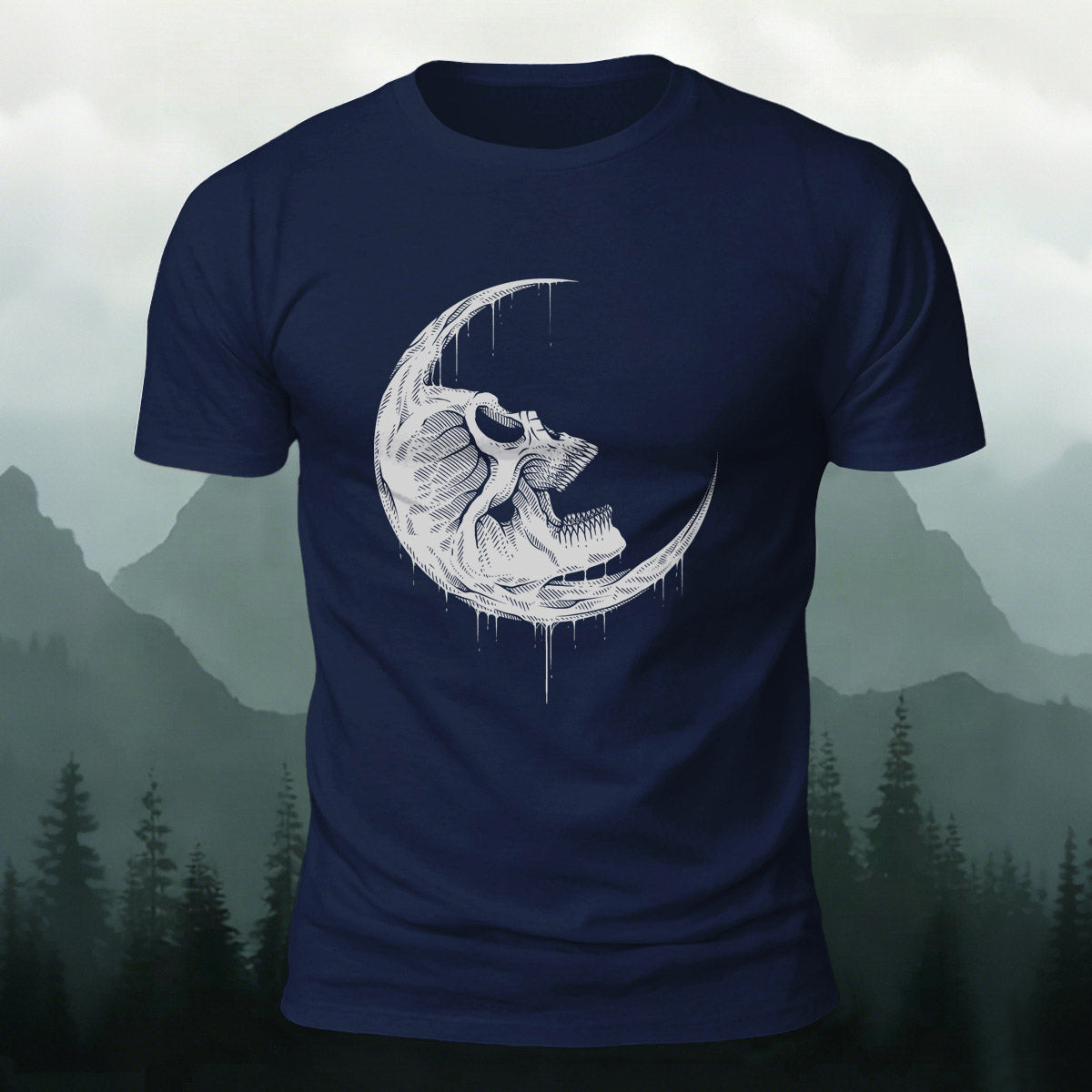 Skull Moon Graphic Trend Premium Cotton T-Shirt Navy