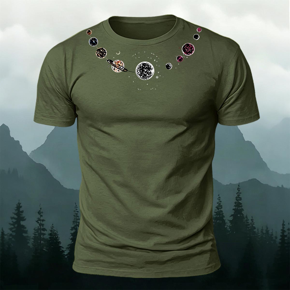 Fashionable Planet-Print Casual Cotton T-Shirt AMG