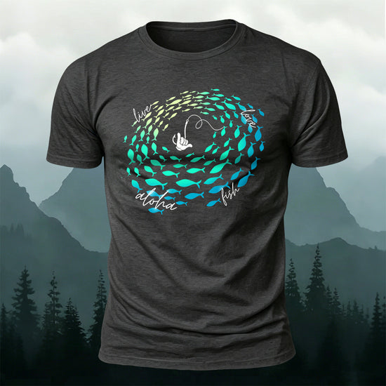 Stylish Fishing-Print Soft-Touch Cotton T-Shirt Dark Grey