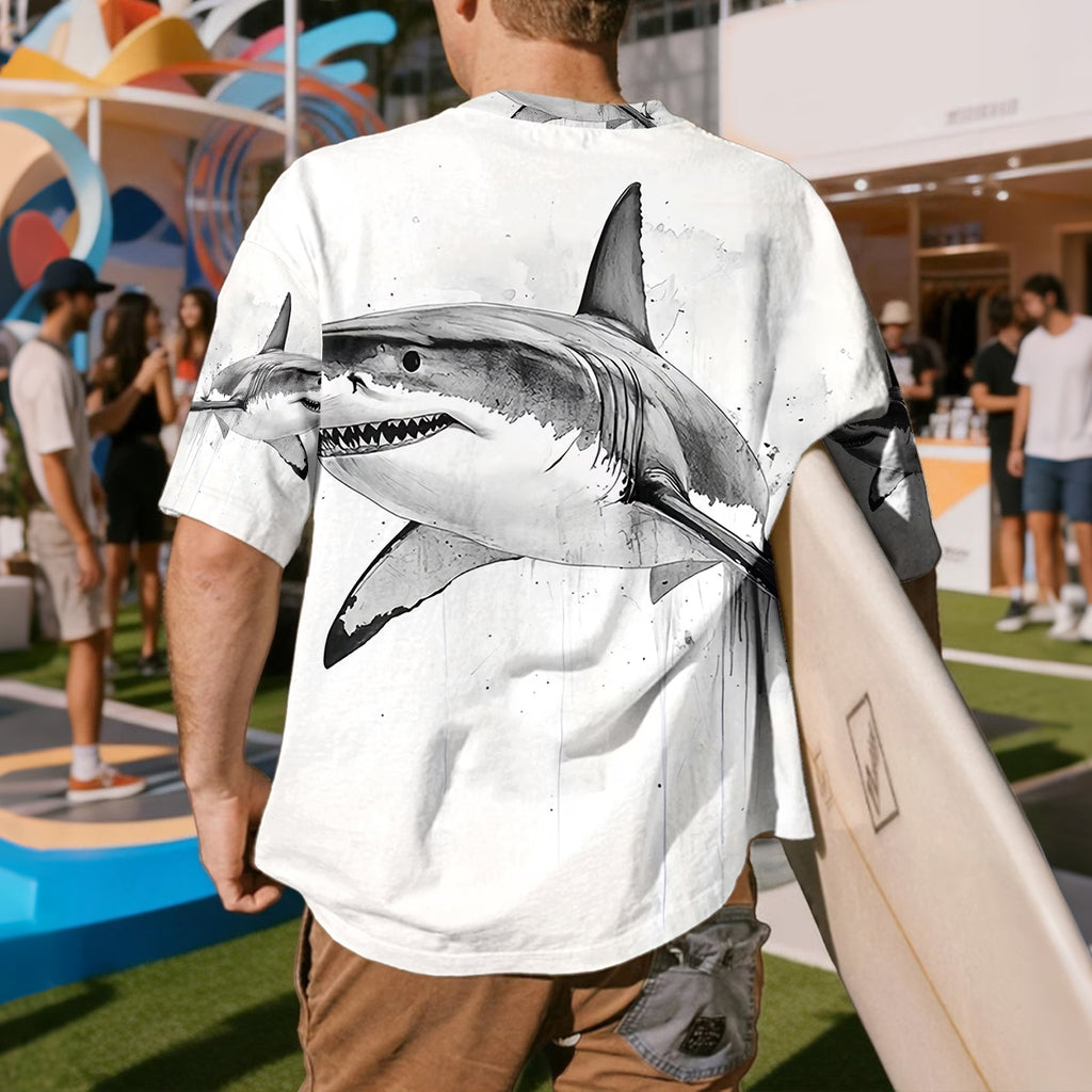 Deep Sea Shark Print 100% Cotton Casual T-Shirt