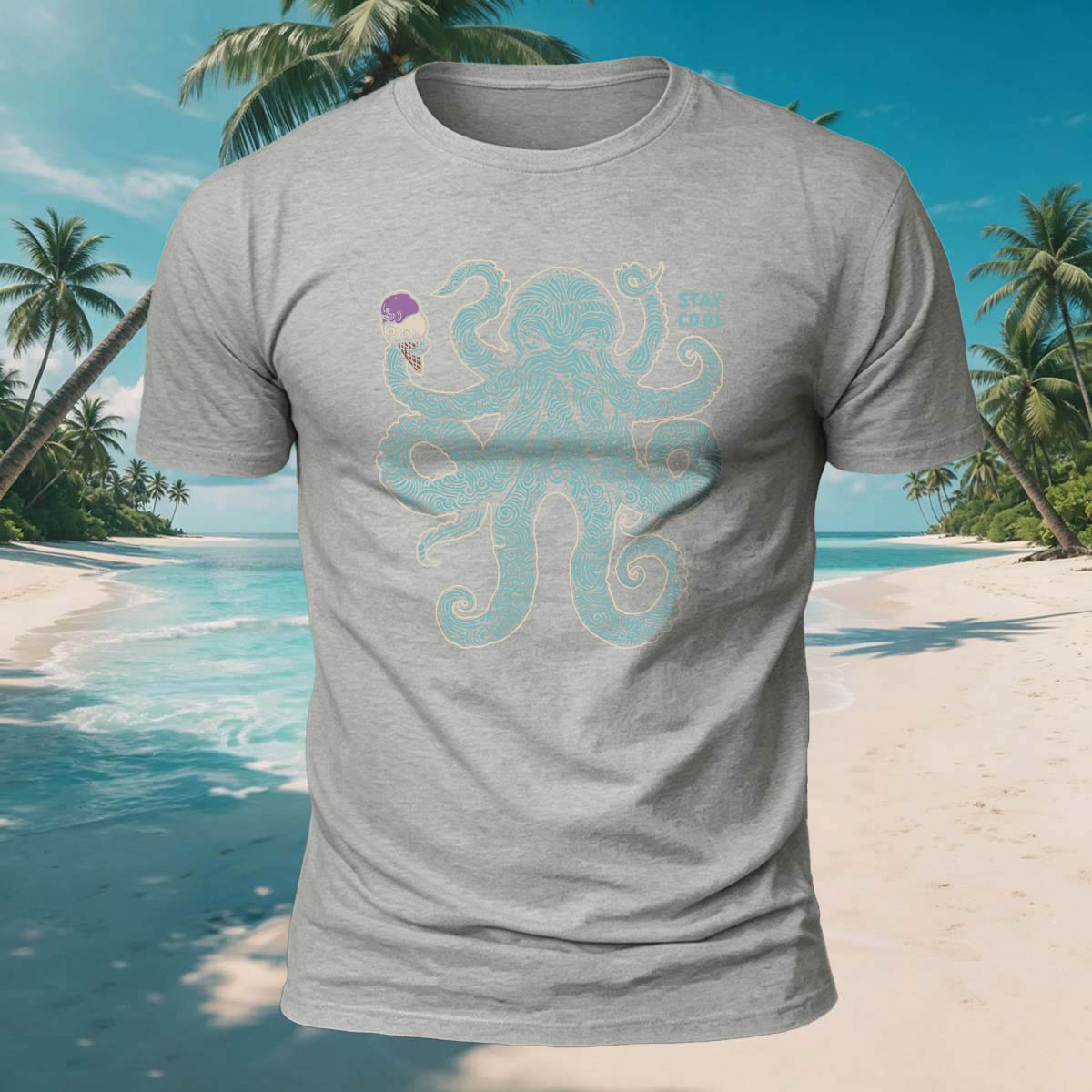 Octopus Eating Ice Cream Print Versatile Breathable Cotton Tee