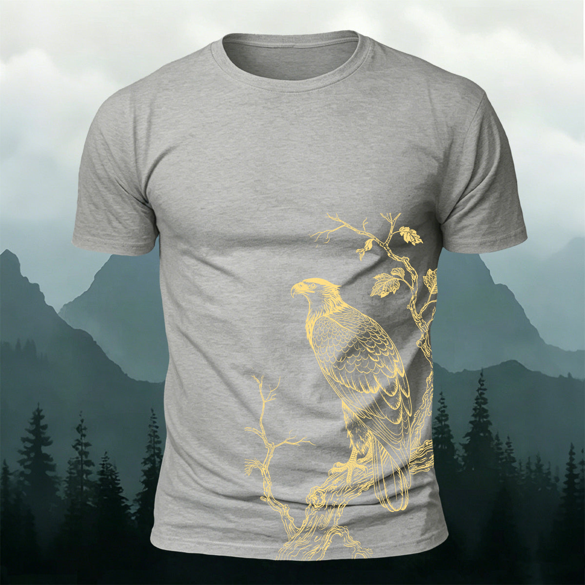 Bird-on-a-Branch PrintCasual 100% Cotton T-Shirt Grey