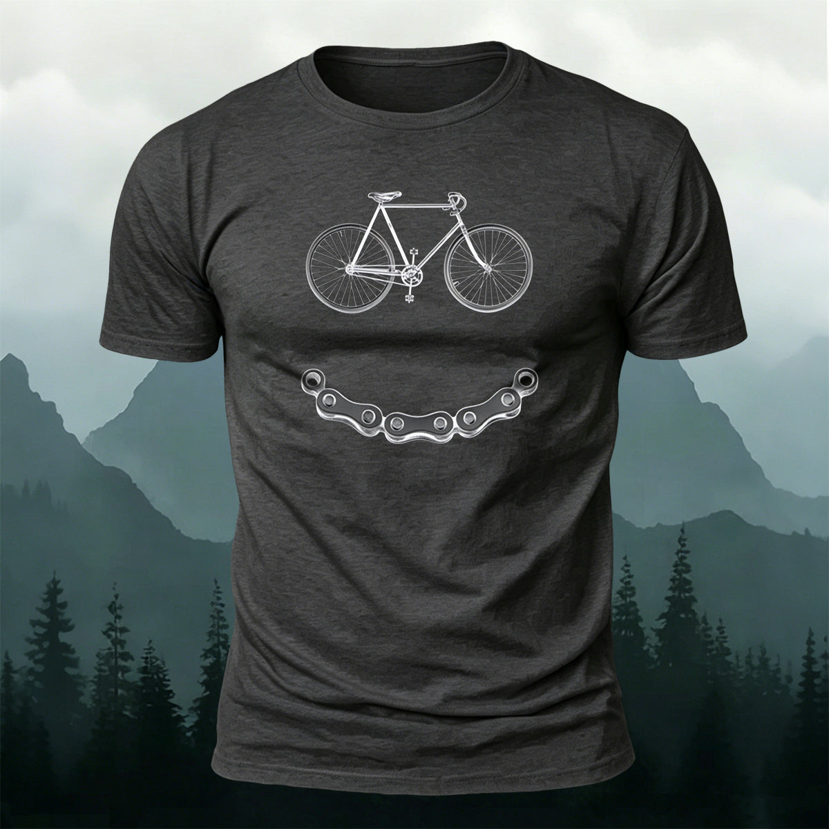 Bicycle-Motif Smile Print Outdoor Cotton T-Shirt