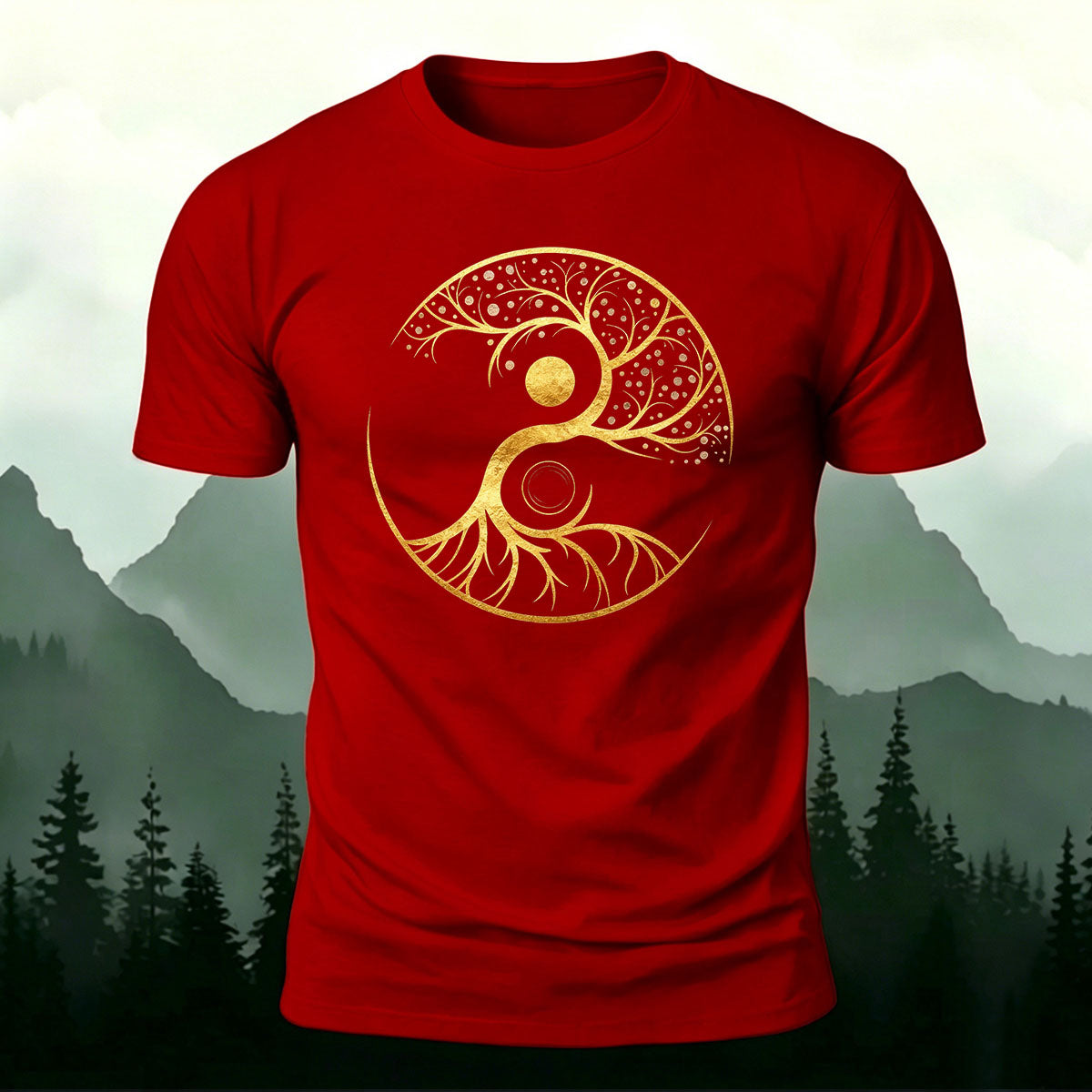Artistic Graphics Pattern Mountain-Style Cotton T-Shirt Red