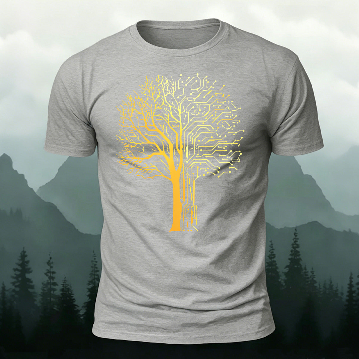 Tech-inspired tree print combed cotton T-shirt Grey
