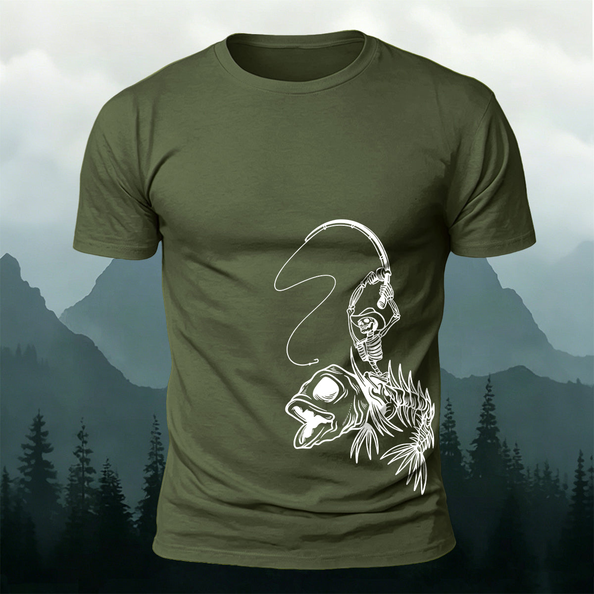 Fishbone Fishing Series Printed Round-Neck Cotton T-Shirt