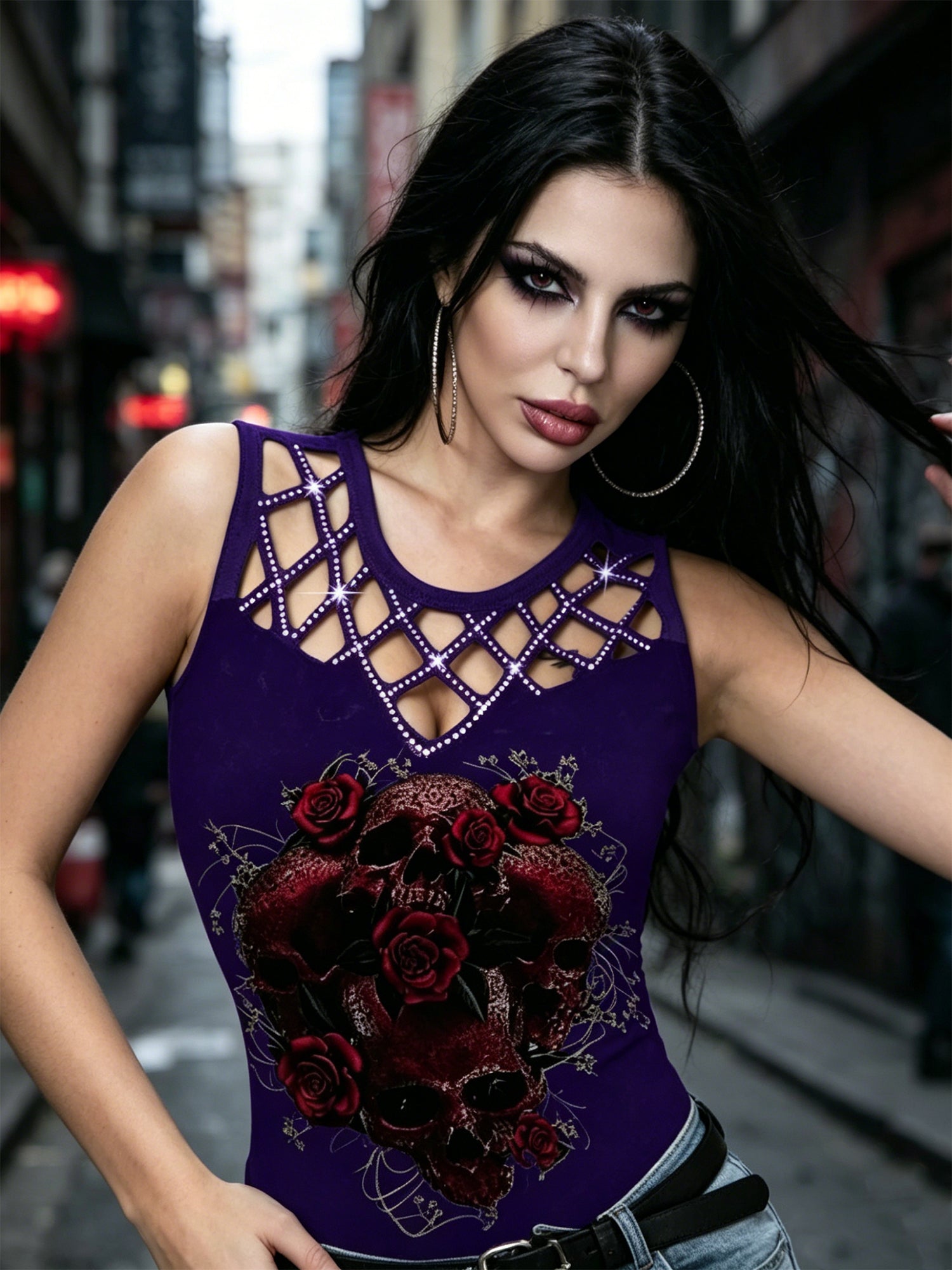 Openwork Patchwork Rose Print Women's Sleeveless Tank Top