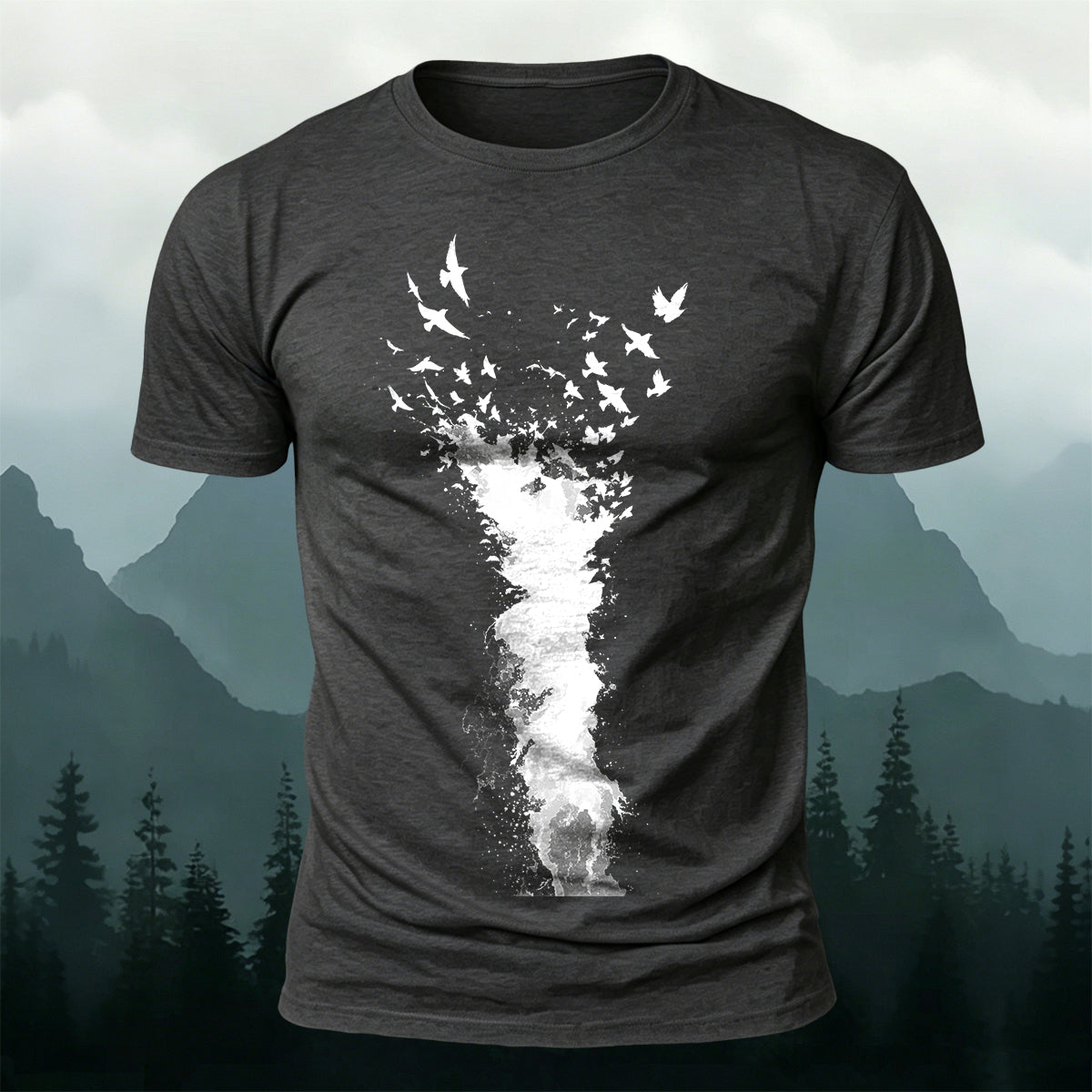 Flying Bird Graphic Casual Breathable Crew Neck Tee Dark Grey