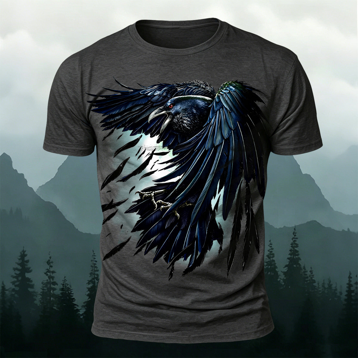 Retro Black Crow Feather Print Casual T-Shirt
