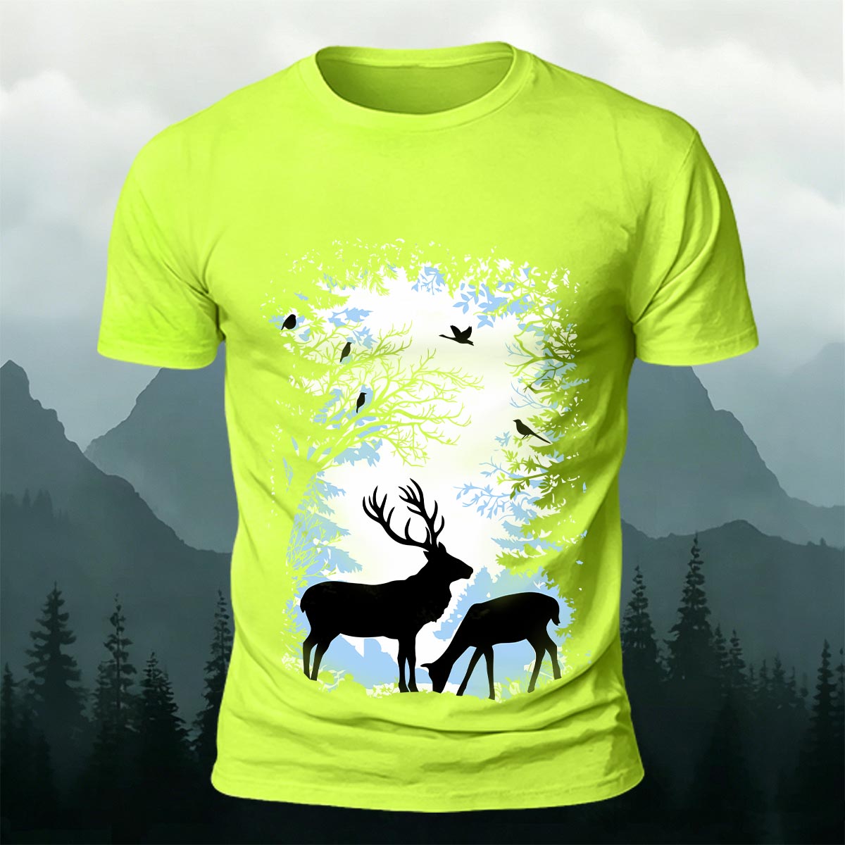Forest and Deer Silhouette Print Crew-Neck T-Shirt