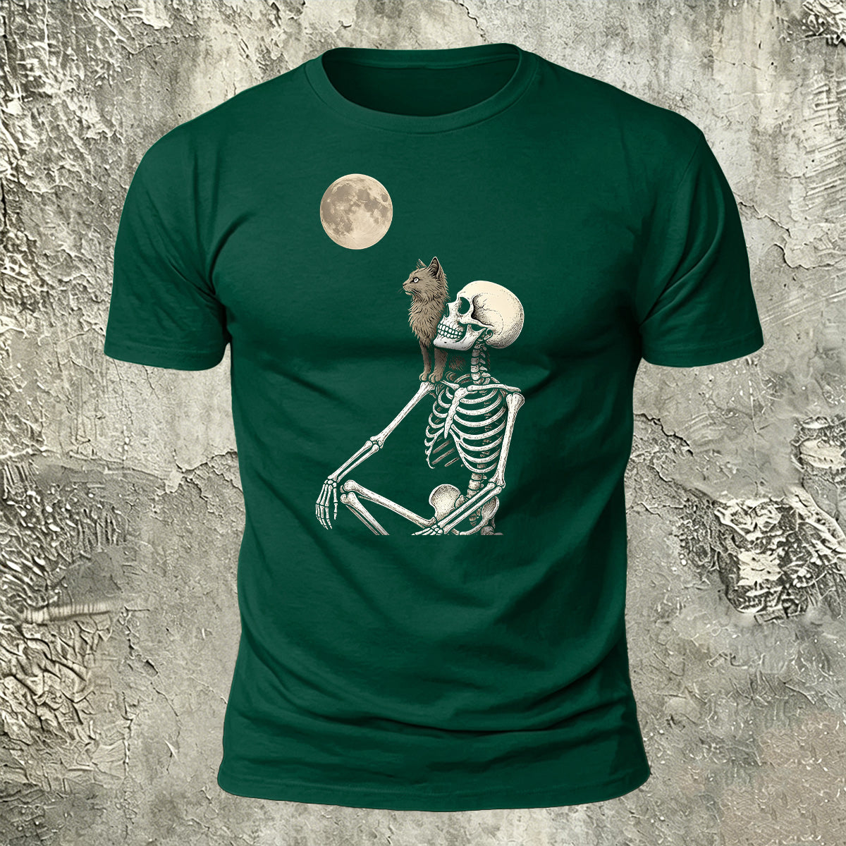 White Skull Moon-Print Casual Cotton T-Shirt