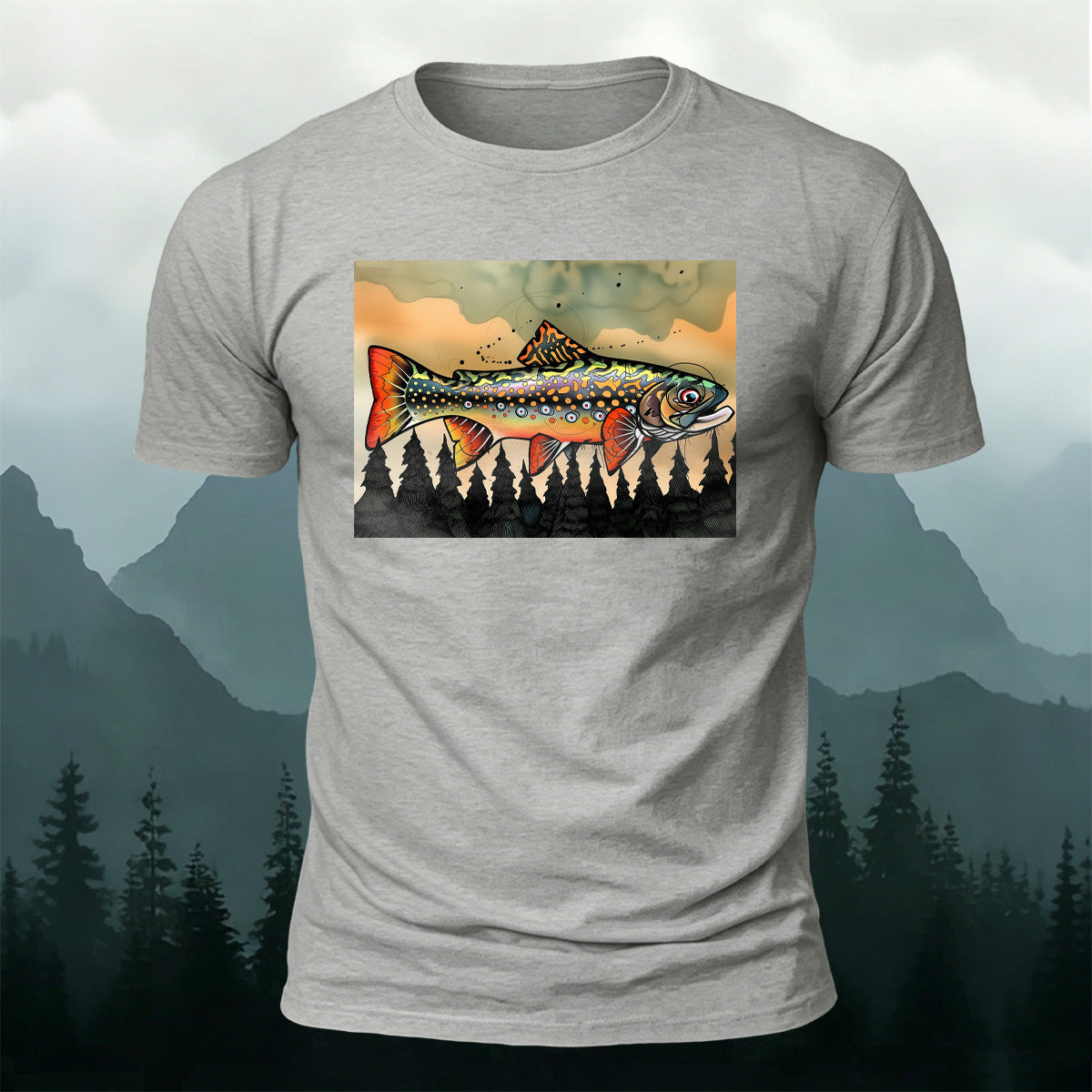 Oil Painting Fish Print Vintage Premium Cotton T-Shirt
