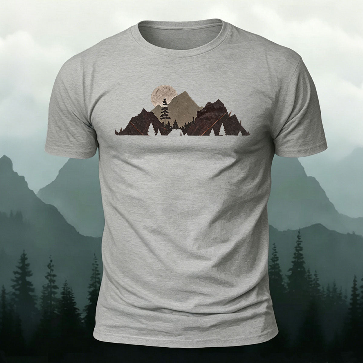 Mountain Landscape Pattern Natural Style Casual T-Shirt grey