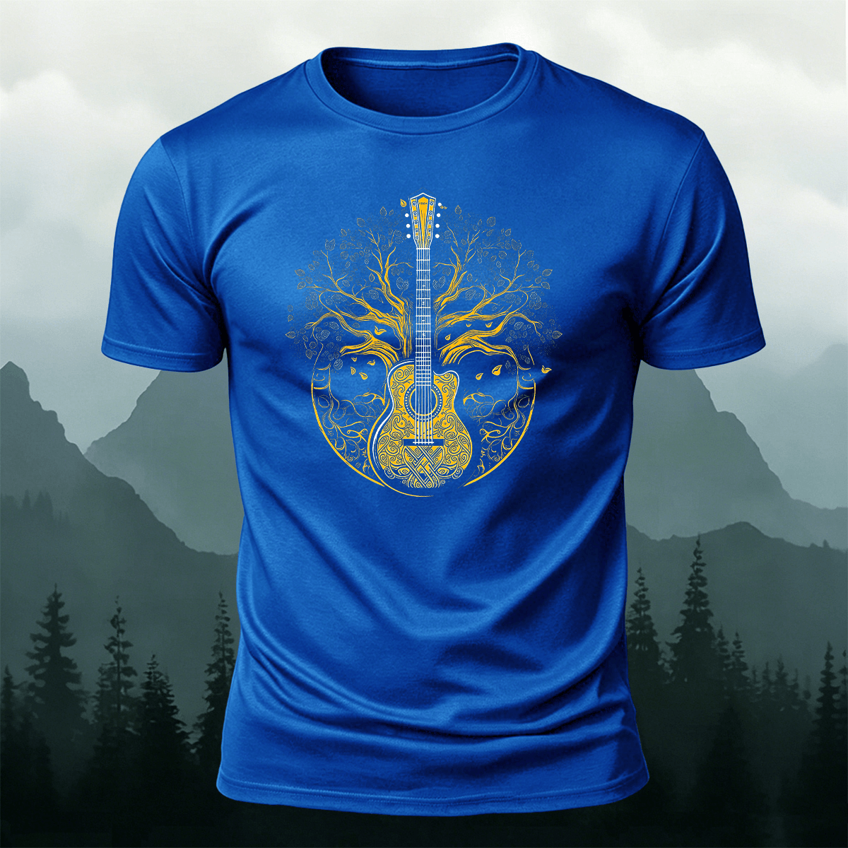 Guitar God Tree Trend-Print Casual Cotton T-Shirt
