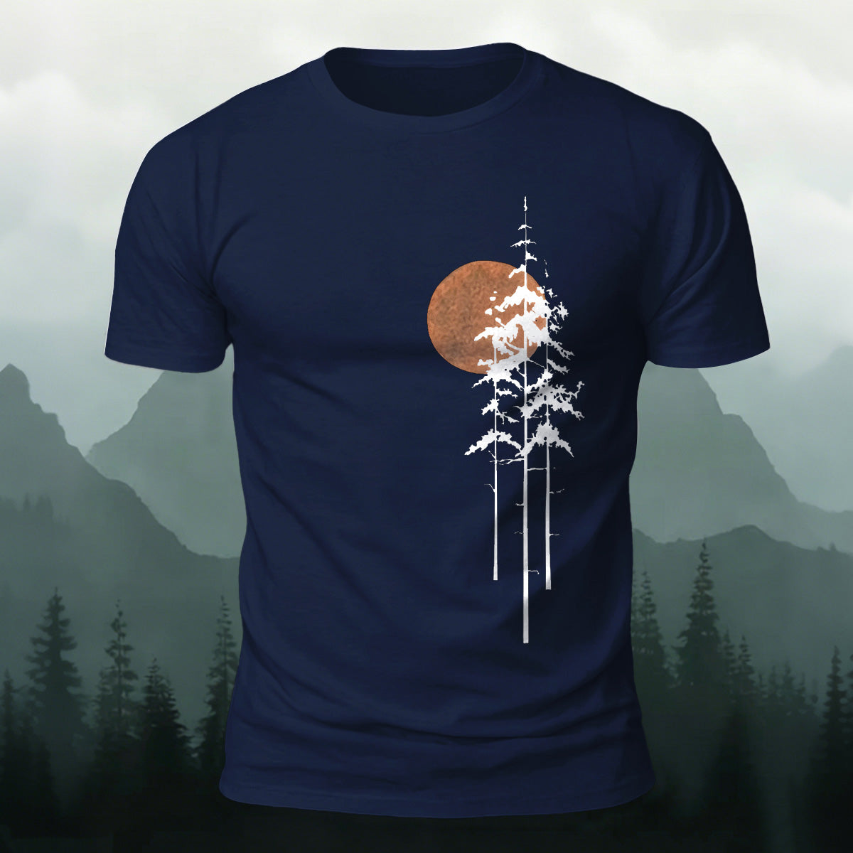 Retro Sunset Pine Tree Print Cotton T-Shirt  Navy