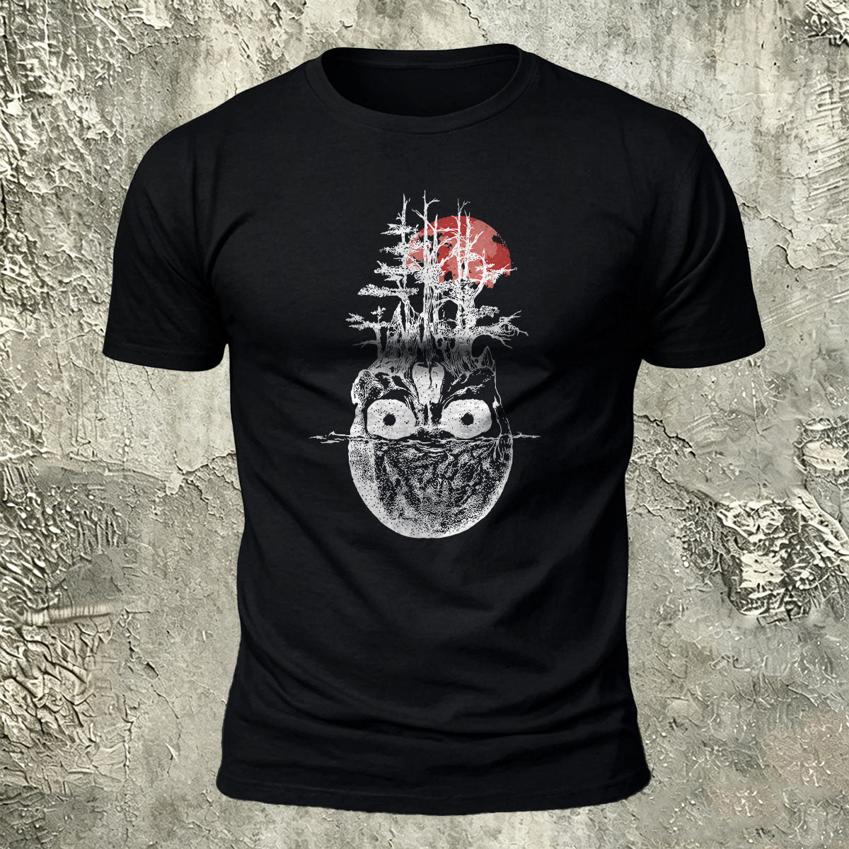 Withered Forest Skull Print Cotton Crew Neck T-Shirt Black