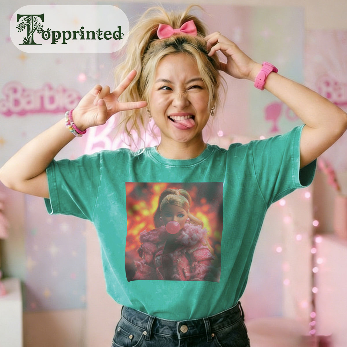 Princess Print Washed Crew Neck T-Shirt Green